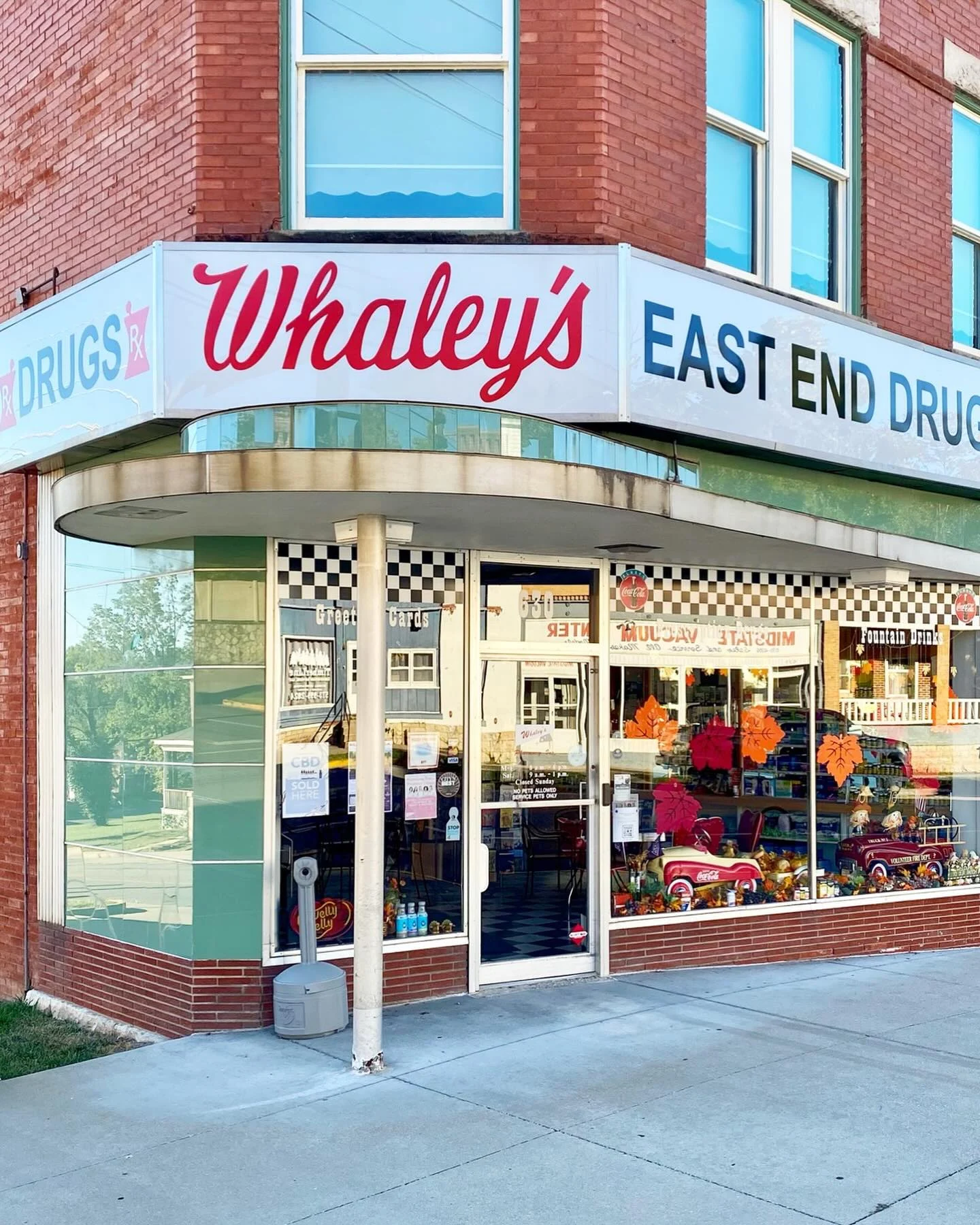 Whaley’s East End Drugs on a red brick corner.